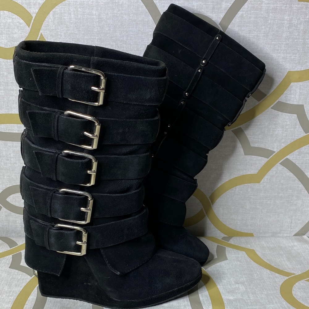 Women's Black Buckle Suede Wedge Ankle Boots